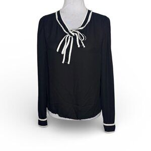 SHEIN Black Sheer Tie Neck Blouse White Trim Long Sleeve S